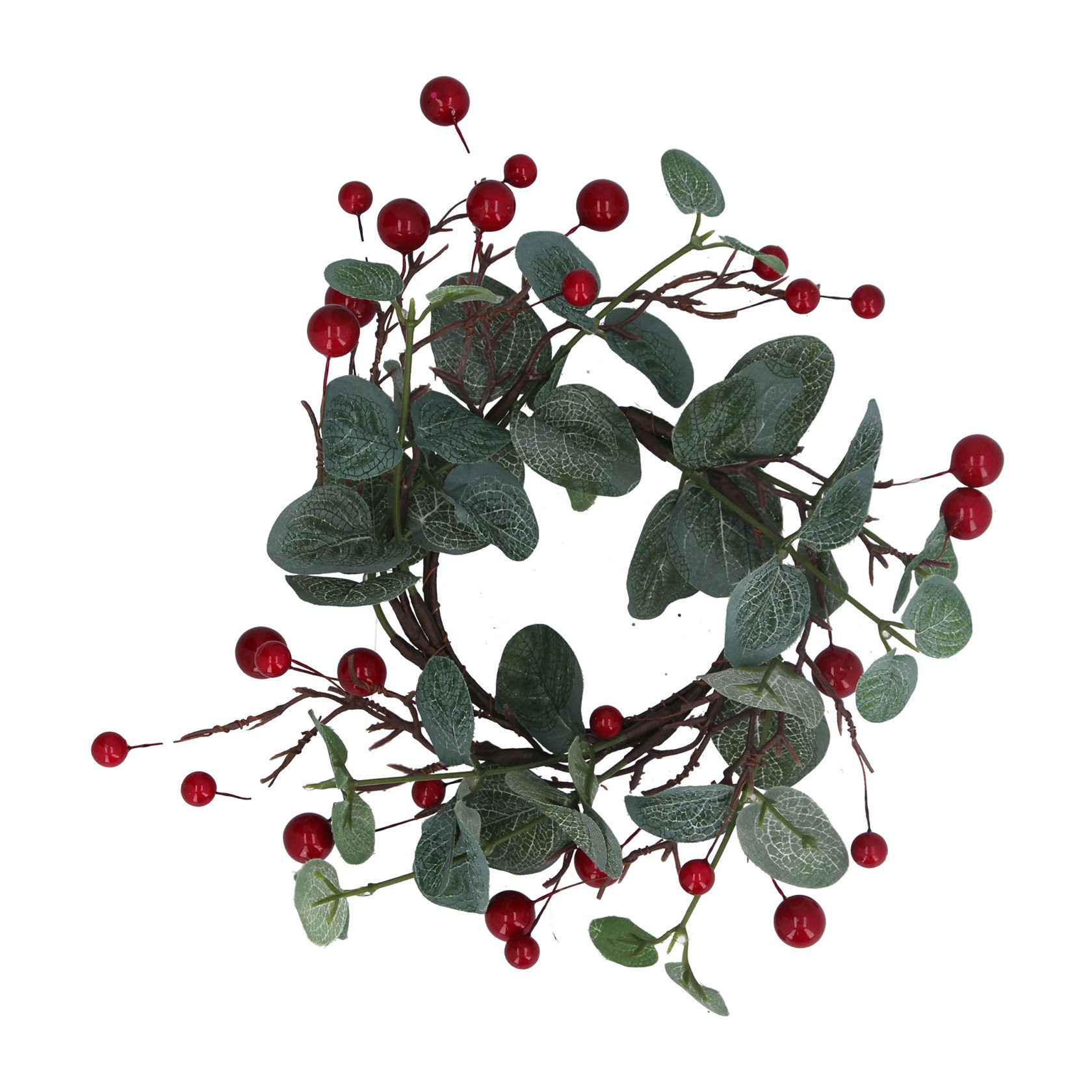 Eucalyptus and red berry candle ring. Size large. By Gisela Graham. The perfect festive addition to your home.